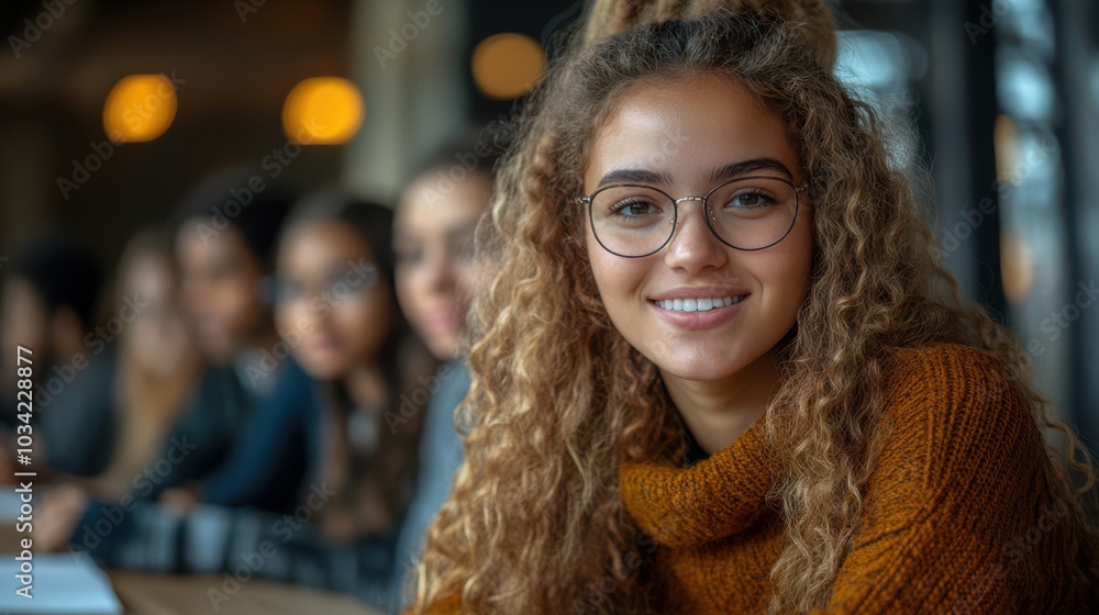 Smiling Woman with Curly Hair and Glasses in a Group Smiling Woman with Curly Hair and Glasses in a Group