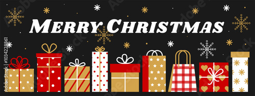 Horizontal banner Merry Christmas. Boxes with Christmas gifts of different shapes on dark background. Winter vector background with snowflakes and gift boxes