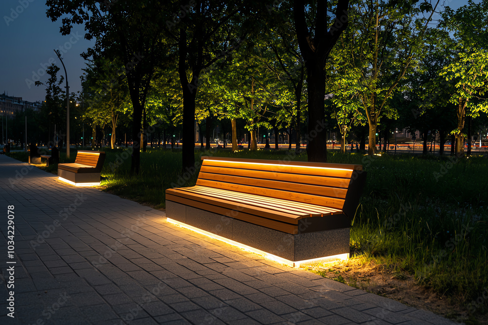 © Jiraphat.N - Illuminated benches in urban nighttime park