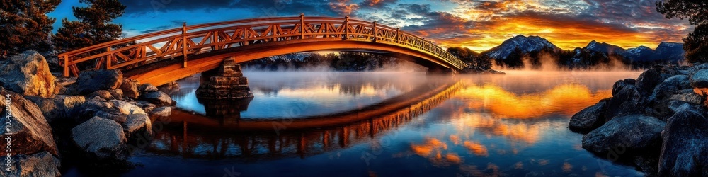 Naklejka premium Misty Calm River with a Covered Bridge at Sunrise