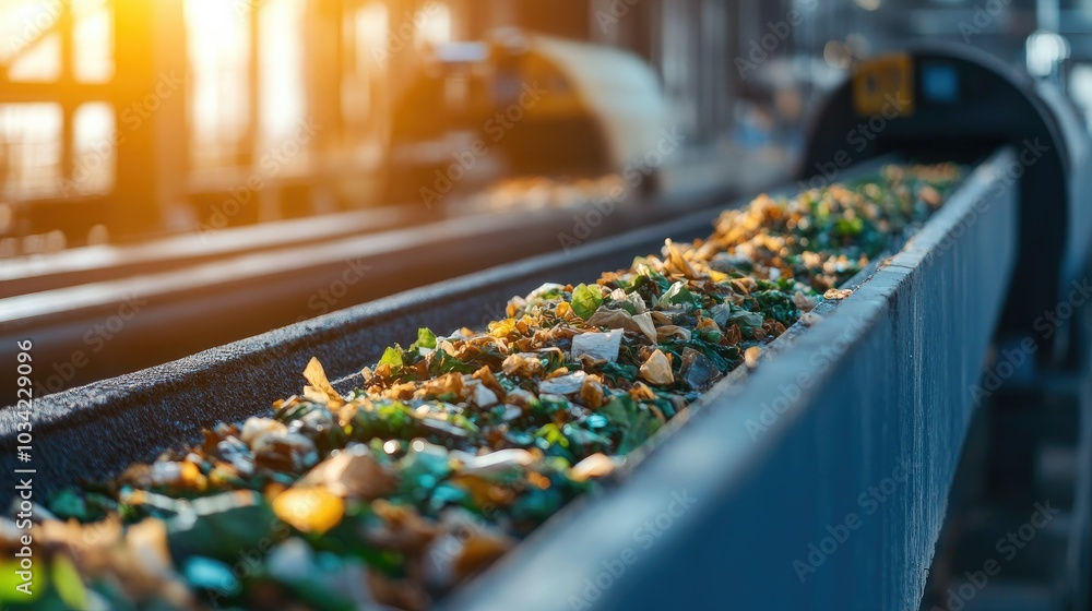 Close-up of biodegradable waste on a conveyor belt, being sorted at a biomass facility, with machines in the background converting it into energy. Close-up of biodegradable waste on a conveyor belt, being sorted at a biomass facility, with machines in the background converting it into energy.
