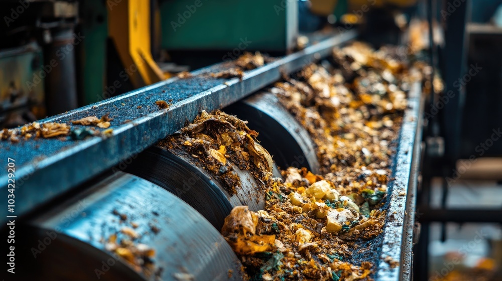 Close-up of decomposing organic waste sorted by machinery, as part of a biomass facility eco-friendly energy conversion process. Close-up of decomposing organic waste sorted by machinery, as part of a biomass facility eco-friendly energy conversion process.