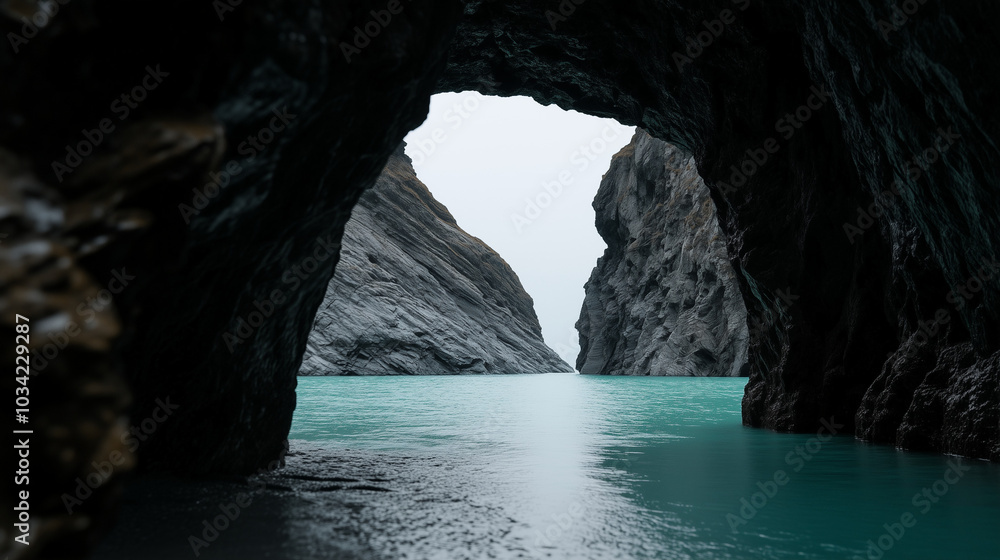 Water seen through narrow cave opening leading to the sea Water seen through narrow cave opening leading to the sea