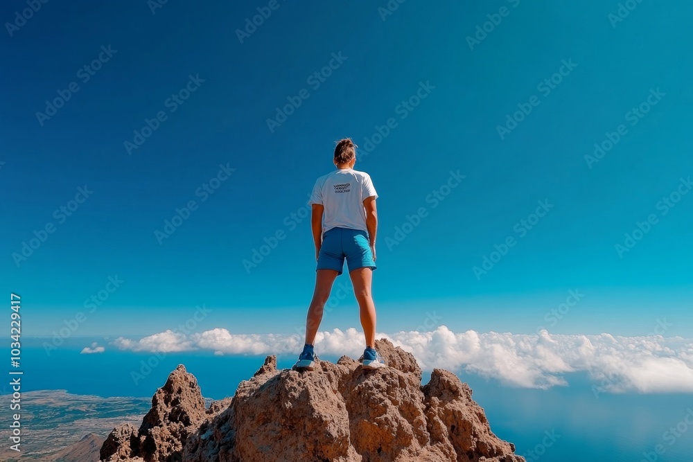 Obraz premium A person standing on the edge of a mountain, gazing into the vastness of space