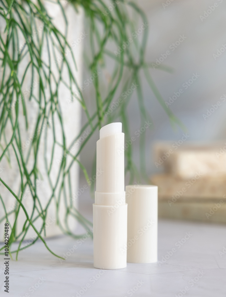 Opened lip balm stick on marble conutertop near potted green plant in bathroom, mockup Opened lip balm stick on marble conutertop near potted green plant in bathroom, mockup