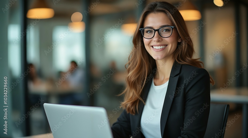 Confident Businesswoman Working on Laptop in Modern Office Confident Businesswoman Working on Laptop in Modern Office