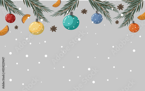 Christmas and New Year background with a lot of pine trees branches decorated christmas balls and toys.