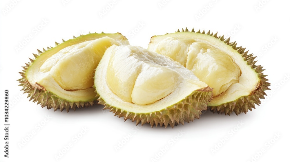 Durian fruit halves with visible segments of creamy yellow flesh on a white background, ideal for exotic fruit product images. Durian fruit halves with visible segments of creamy yellow flesh on a white background, ideal for exotic fruit product images.