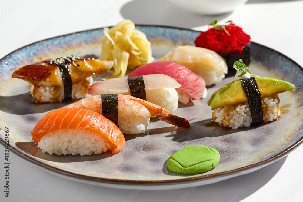 Exquisite Sushi Platter Salmon, Shrimp, Sea Bass, Tuna, Scallop, Eel - Vibrant and Artfully Composed Exquisite Sushi Platter Salmon, Shrimp, Sea Bass, Tuna, Scallop, Eel - Vibrant and Artfully Composed