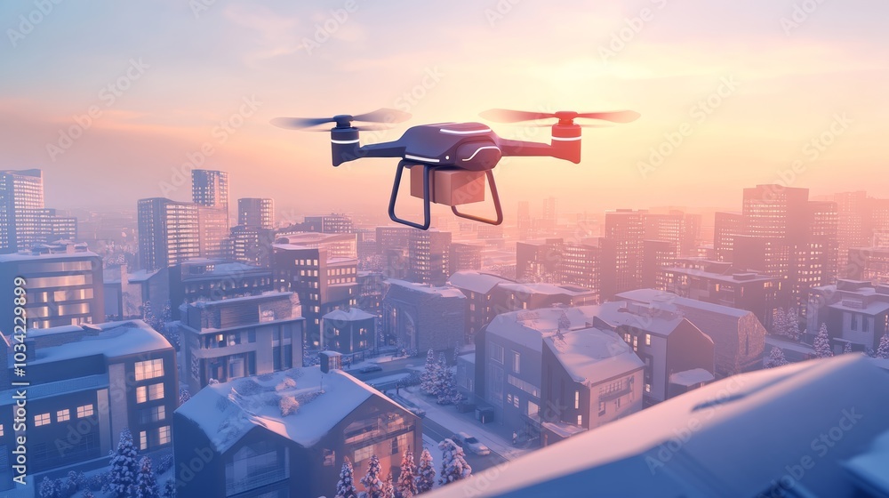A drone delivering a package to a customer's home in a smart city, flying over urban rooftops A drone delivering a package to a customer's home in a smart city, flying over urban rooftops