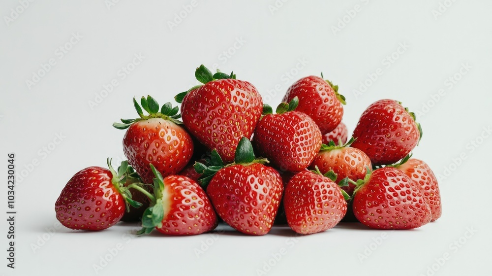 Group of strawberries stacked with stems up on a white background, showcasing their rich, red color and freshness. --ar 16:9 --v 6.1 Job ID: 89c57302-bbb4-484b-946e-814b462f157b Group of strawberries stacked with stems up on a white background, showcasing their rich, red color and freshness. --ar 16:9 --v 6.1 Job ID: 89c57302-bbb4-484b-946e-814b462f157b