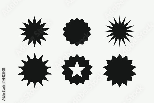 Set of vector starburst, sunburst badges. Black icons on white background. Simple flat style vintage labels