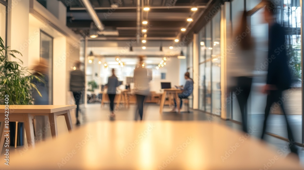 Modern office space with blurred figures, creating a dynamic and professional atmosphere. Modern office space with blurred figures, creating a dynamic and professional atmosphere.