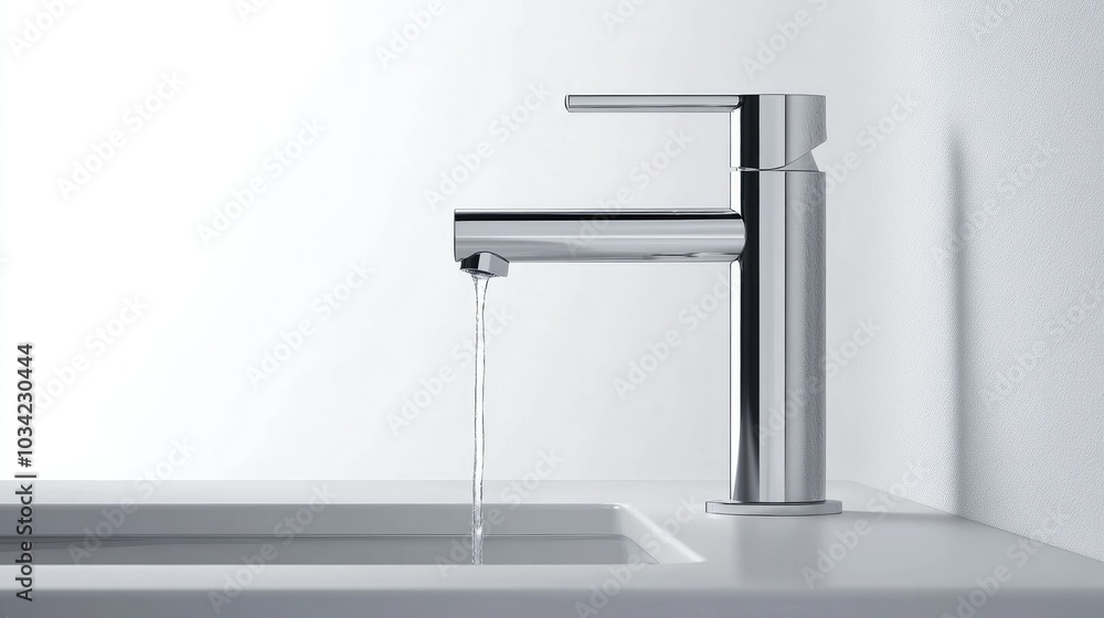 Modern stainless steel tap with water dripping down on a white background, suggesting water conservation and minimalism. Modern stainless steel tap with water dripping down on a white background, suggesting water conservation and minimalism.
