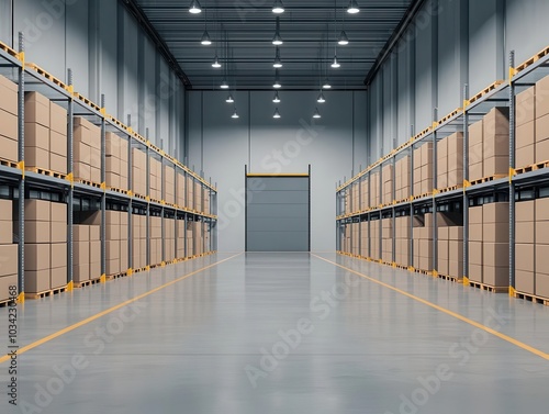 Warehouse design with optimized forklift routes, clear inventory zones, efficiencyfocused layout photo