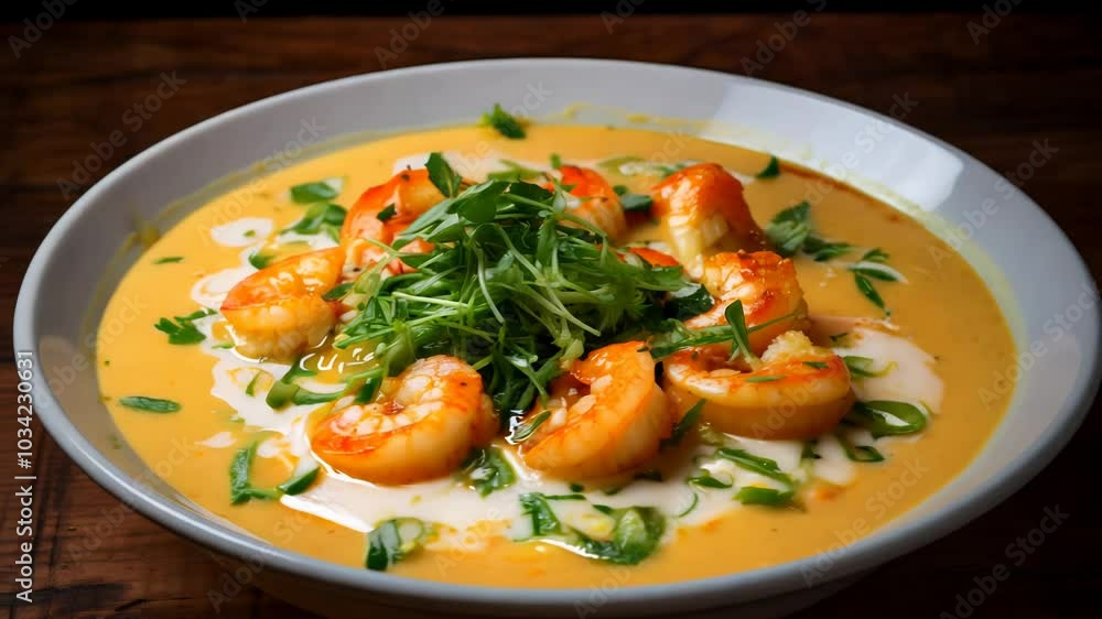 Coconut shrimp soup close up in a white plate is spinning Coconut shrimp soup close up in a white plate is spinning