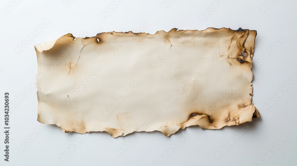 Piece of paper with singed edges and small burn holes, displayed on a white background, creating a historical or damaged effect. Piece of paper with singed edges and small burn holes, displayed on a white background, creating a historical or damaged effect.