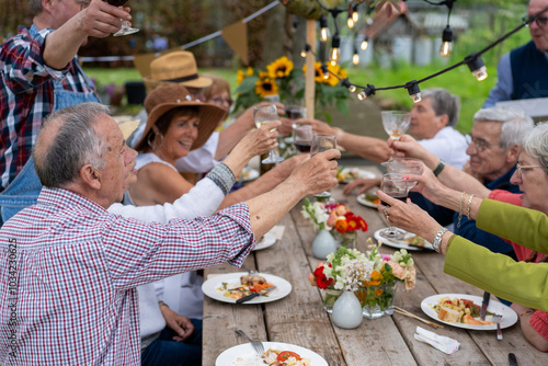 Konstfotografi Senior friends toasting at outdoor dinner party in garden