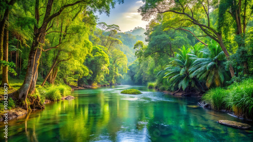 Lush forest with clean rivers, wildlife thriving, symbolizing environmental conservation and ecosystem preservation