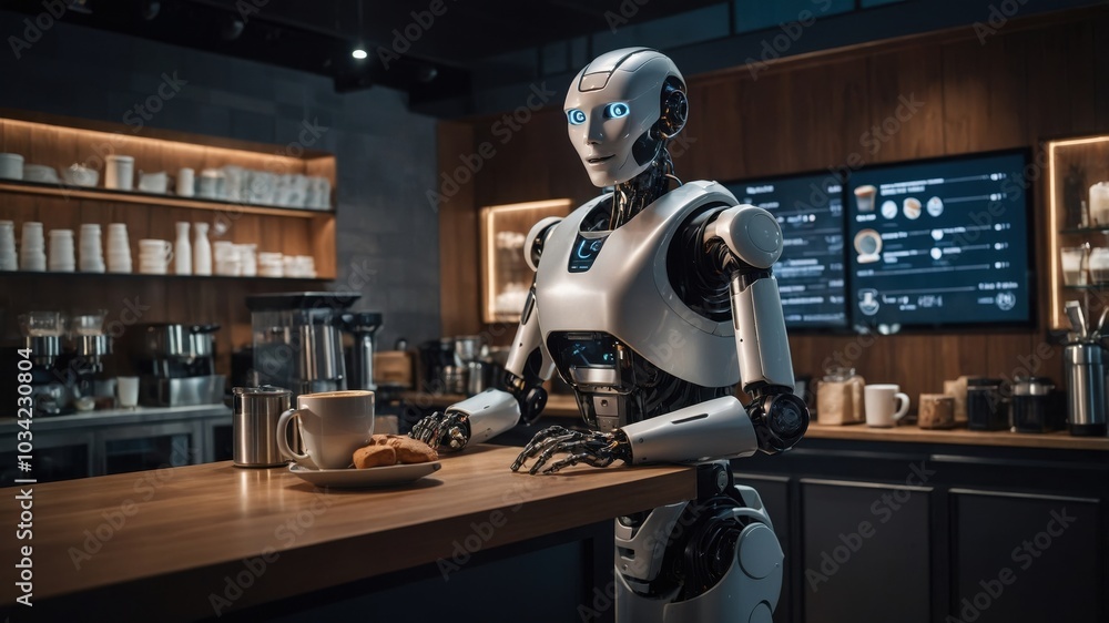 A lifelike robotic waiter in a stylish café, skillfully blending AI and human-like gestures, offering an advanced, unique dining experience A lifelike robotic waiter in a stylish café, skillfully blending AI and human-like gestures, offering an advanced, unique dining experience