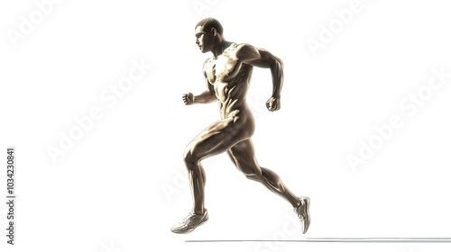 Black and white portrait of muscular male athlete, runner, jogger in motion isolated on white background. Monochrome. Sport, beauty, power and style