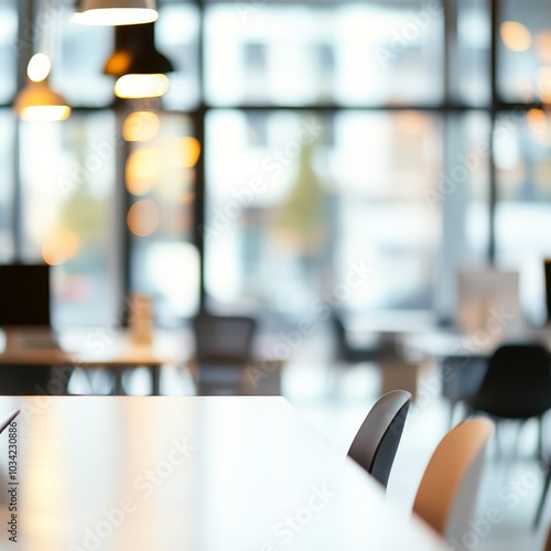 Modern office space with blurred background and empty chairs, exuding a calm atmosphere.