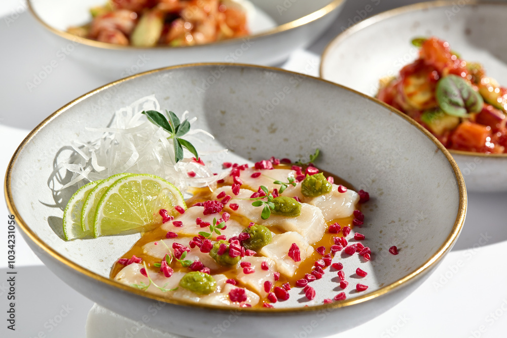 Gourmet Scallop Ceviche Plate with Fresh Lime and Vibrant Garnishes Gourmet Scallop Ceviche Plate with Fresh Lime and Vibrant Garnishes