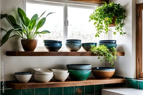 A sunlit kitchen corner, with a rustic wooden shelf holding neatly arranged ceramic bowls and a single, vibrant green houseplant