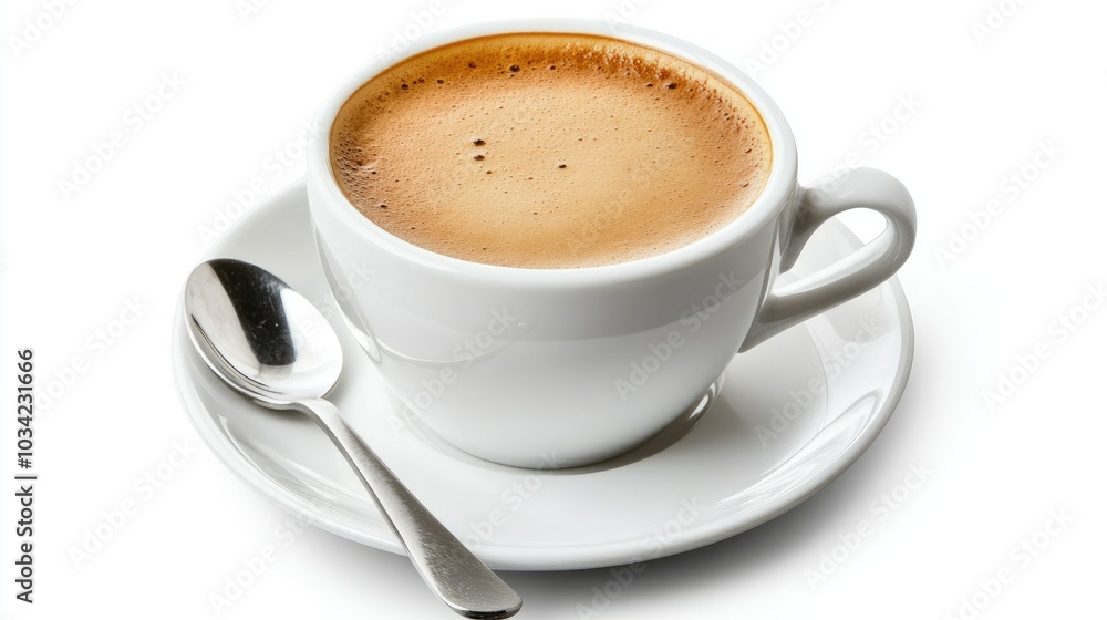 Top view of a hot coffee in a white cup, with visible crema, sitting on a saucer with a small spoon beside it, against a clean, white background. Top view of a hot coffee in a white cup, with visible crema, sitting on a saucer with a small spoon beside it, against a clean, white background.