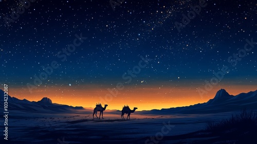 A lone camel caravan traveling through a desolate desert, under a sky full of stars