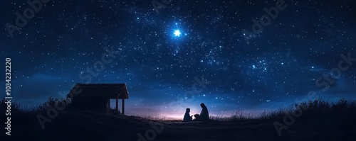 Nativity scene with baby Jesus, Mary, and Joseph under a bright Christmas star in the night sky
