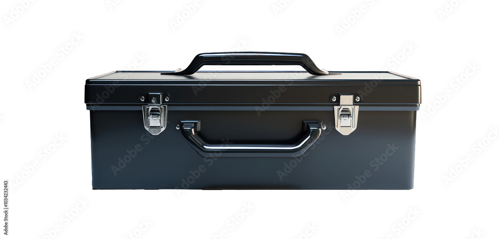 Black modern toolbox, sleek and clean, perfect for a professional setting, isolated on white. Black modern toolbox, sleek and clean, perfect for a professional setting, isolated on white.