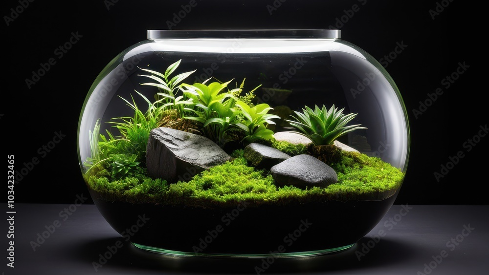 A vibrant mini terrarium featuring succulents and moss, set against a black background. Black vivarium background A vibrant mini terrarium featuring succulents and moss, set against a black background. Black vivarium background