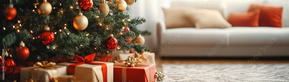 Festive Christmas tree adorned with red and gold ornaments, surrounded by wrapped gifts in a cozy living room setting Festive Christmas tree adorned with red and gold ornaments, surrounded by wrapped gifts in a cozy living room setting