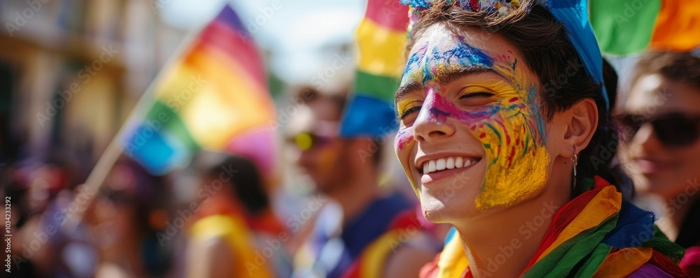 Smiling woman with colorful face paint at a parade. Smiling woman with colorful face paint at a parade.