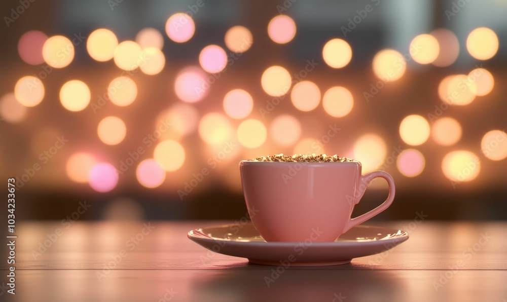 Obraz premium Pink teacup on saucer, bokeh lights.