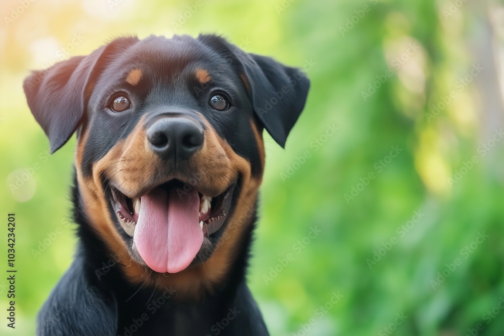 Cute Rottweiler puppy sitting by a water bowl after playing in a sunny backyard garden Cute Rottweiler puppy sitting by a water bowl after playing in a sunny backyard garden
