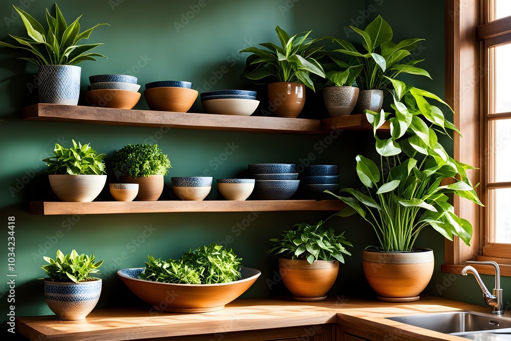 A sunlit kitchen corner, with a rustic wooden shelf holding neatly arranged ceramic bowls and a single, vibrant green houseplant A sunlit kitchen corner, with a rustic wooden shelf holding neatly arranged ceramic bowls and a single, vibrant green houseplant