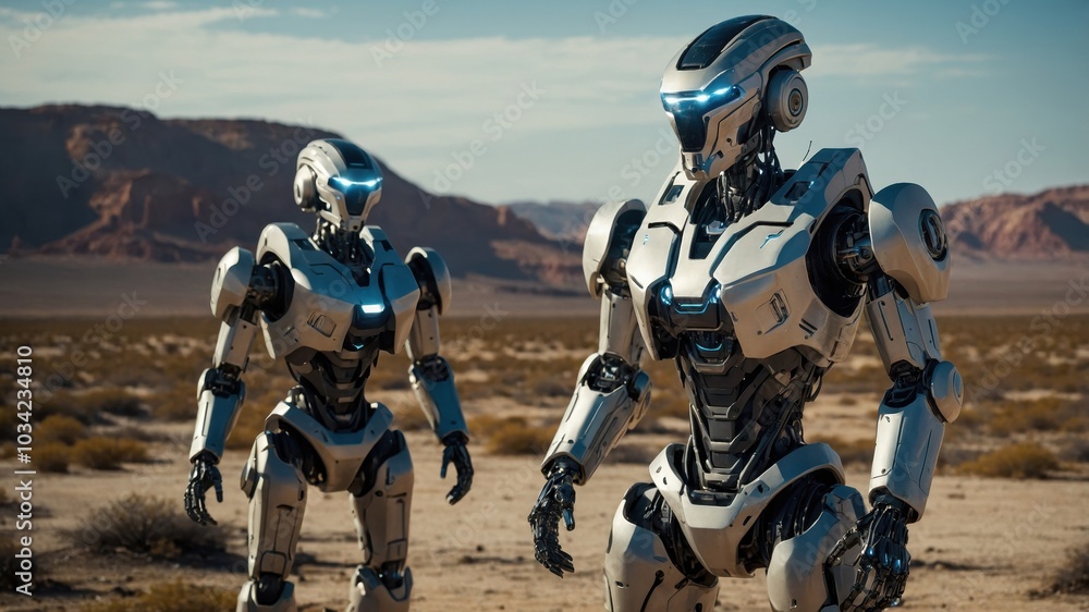 A scene of a humanoid military robot in an action-ready pose, showcasing advanced technology, strength, and futuristic design in a combat environment A scene of a humanoid military robot in an action-ready pose, showcasing advanced technology, strength, and futuristic design in a combat environment