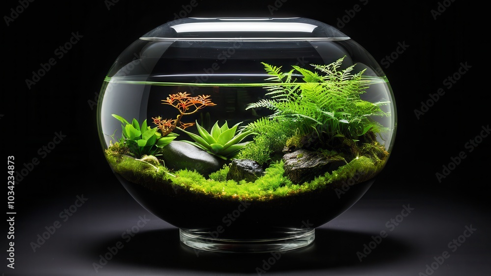 A vibrant mini terrarium featuring succulents and moss, set against a black background. Black background vivarium A vibrant mini terrarium featuring succulents and moss, set against a black background. Black background vivarium
