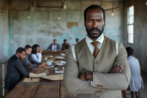 Serious African American businessman in a beige vest standing with arms crossed in a creative boardroom setting. working in the background, leadership and authority in a collaborative environment.