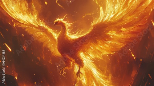 A majestic phoenix rising from flames, its feathers glowing in bright gold and red tones