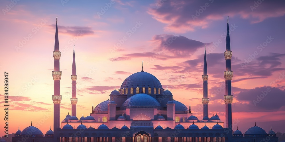 Fototapeta premium A mosque with multiple domes against a colorful sky.