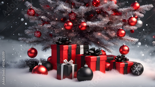 Christmas gifts wrapped in red and black under a snow dusted tree. generative ai.
