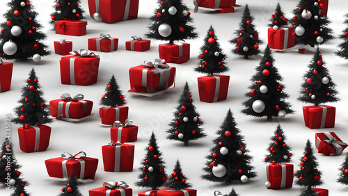 Christmas gifts wrapped in red and black under a snow dusted tree. generative ai.