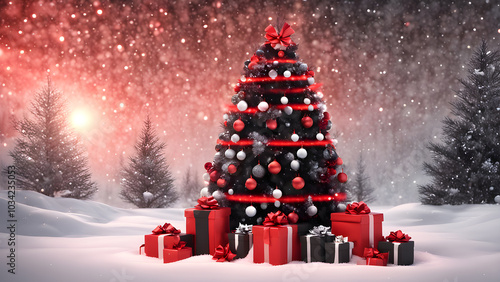 Christmas gifts wrapped in red and black under a snow dusted tree. generative ai.