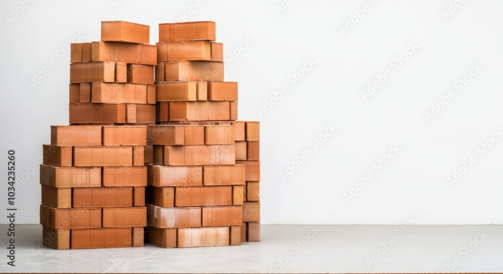 Red Bricks Stacked Against a White Wall Red Bricks Stacked Against a White Wall