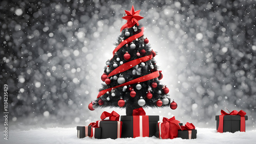 Christmas gifts wrapped in red and black under a snow dusted tree. generative ai.
