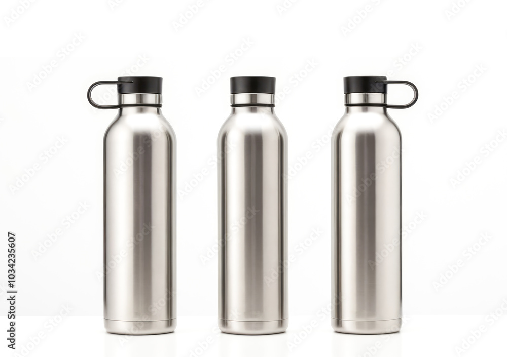 Set of Three Elegant Steel Water Bottles in Different Finishes for Modern Hydration Solutions Set of Three Elegant Steel Water Bottles in Different Finishes for Modern Hydration Solutions
