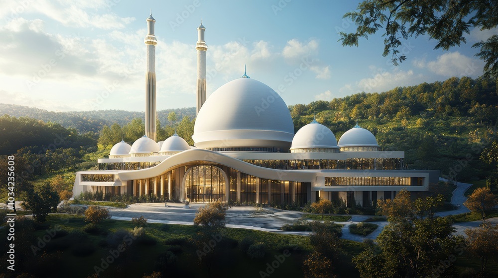 Obraz premium Modern mosque with white domes in a green landscape.
